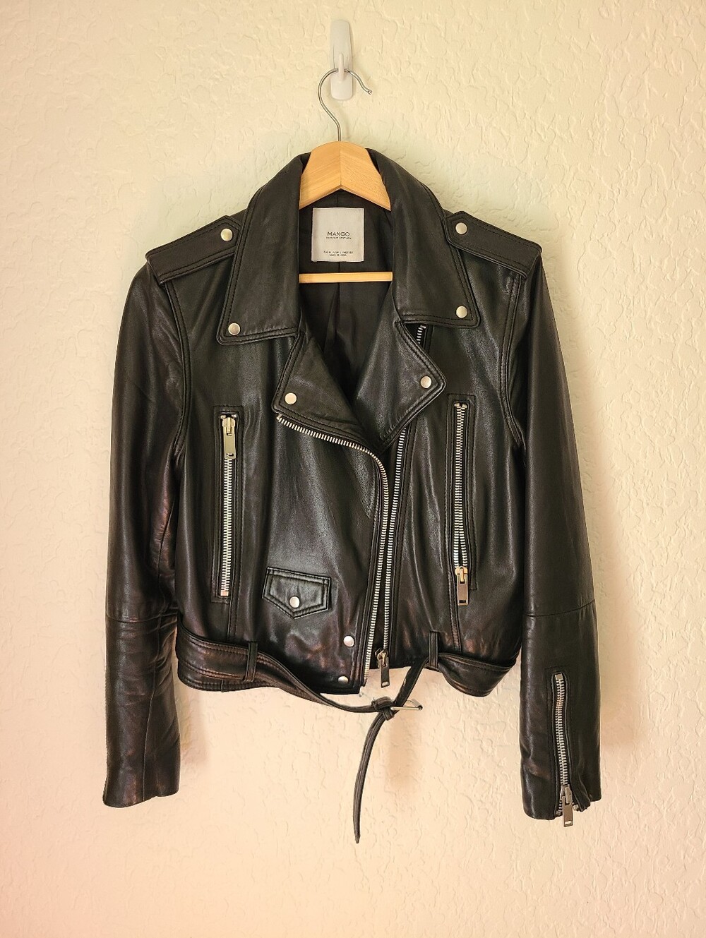 MANGO Black Leather Biker Jacket - Classic Women's Moto Coat
